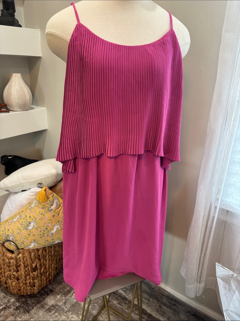 Sleeveless Pleated-Overlay Mini Dress in Fuchsia